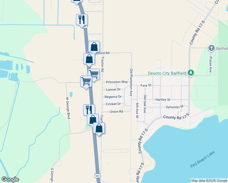 map of restaurants, bars, coffee shops, grocery stores, and more near 5021 Lancer Drive in Sebring