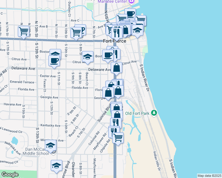 map of restaurants, bars, coffee shops, grocery stores, and more near in Fort Pierce