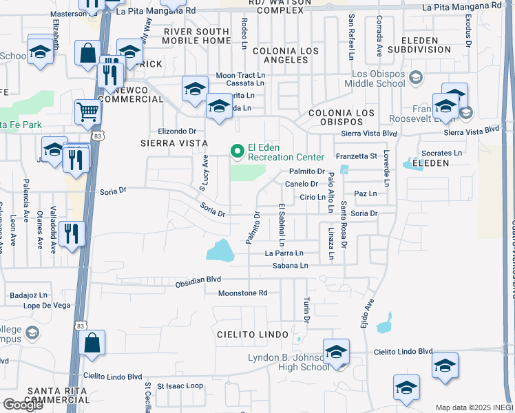 map of restaurants, bars, coffee shops, grocery stores, and more near 2506 Ciruelo Lane in Laredo