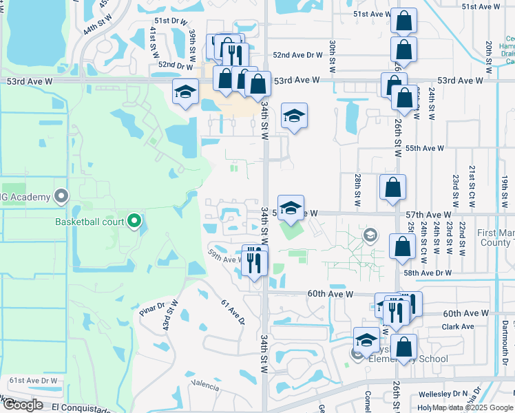map of restaurants, bars, coffee shops, grocery stores, and more near 3413 57th Avenue Drive West in Bradenton