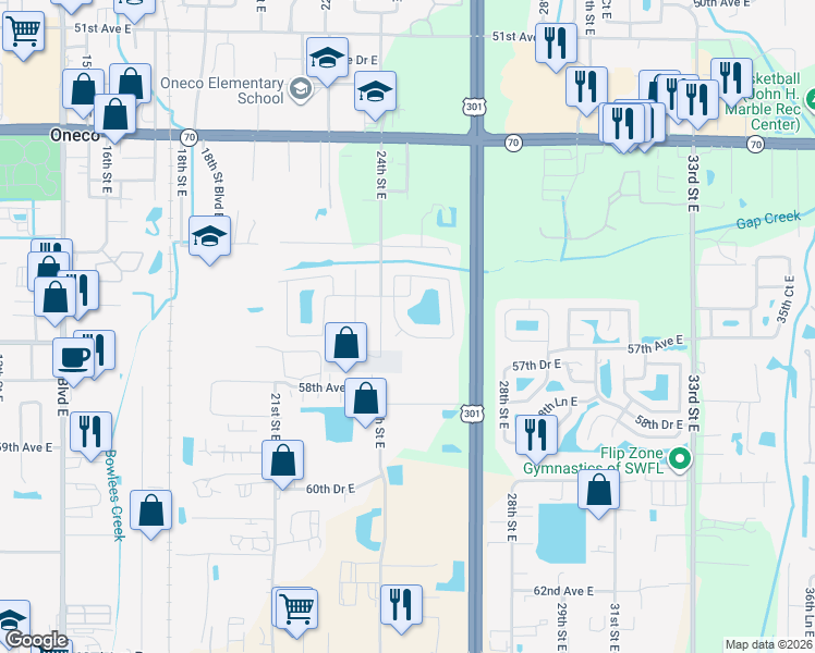 map of restaurants, bars, coffee shops, grocery stores, and more near 5675 25th Street Circle East in Bradenton