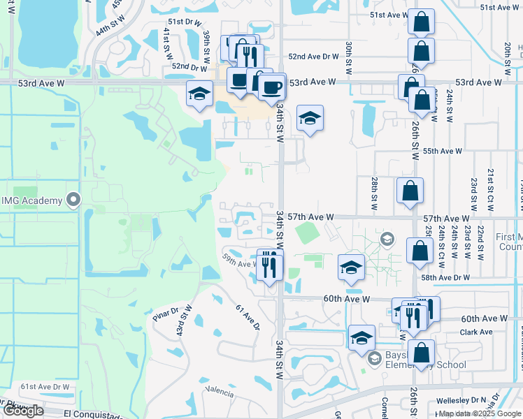 map of restaurants, bars, coffee shops, grocery stores, and more near 3519 57th Avenue Drive West in Bradenton