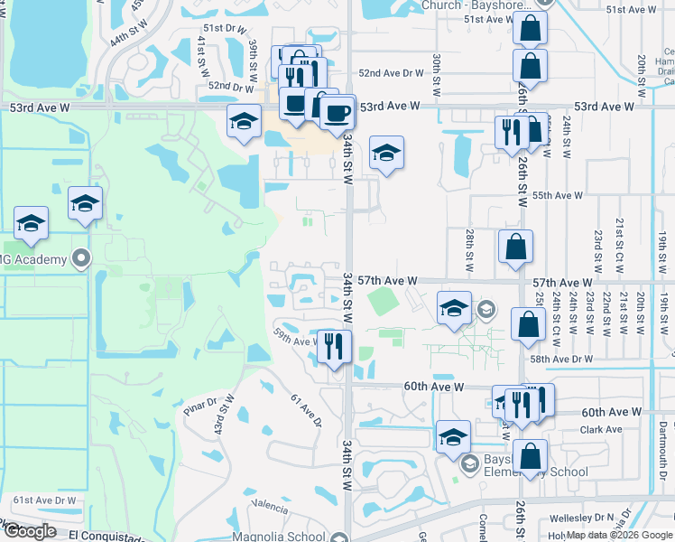 map of restaurants, bars, coffee shops, grocery stores, and more near 3413 57th Avenue Drive West in Bradenton