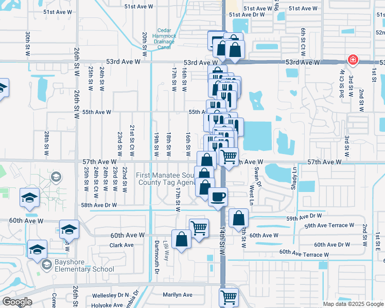 map of restaurants, bars, coffee shops, grocery stores, and more near 5613 16th Street West in Bradenton