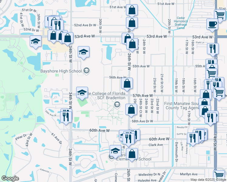 map of restaurants, bars, coffee shops, grocery stores, and more near 5623 28th Street West in Bradenton