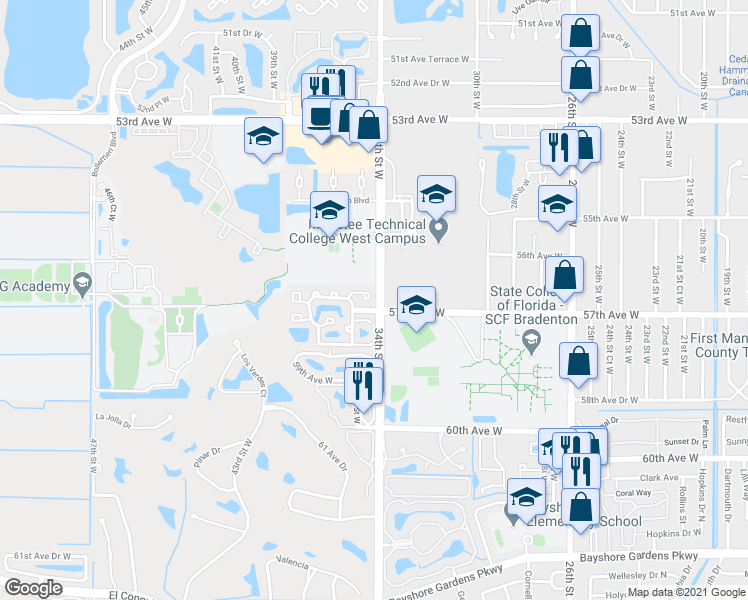 map of restaurants, bars, coffee shops, grocery stores, and more near 3413 57th Avenue Drive West in Bradenton
