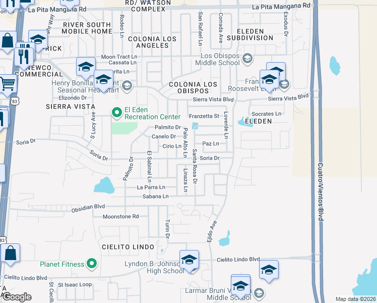 map of restaurants, bars, coffee shops, grocery stores, and more near 5031 Palo Alto Lane in Laredo