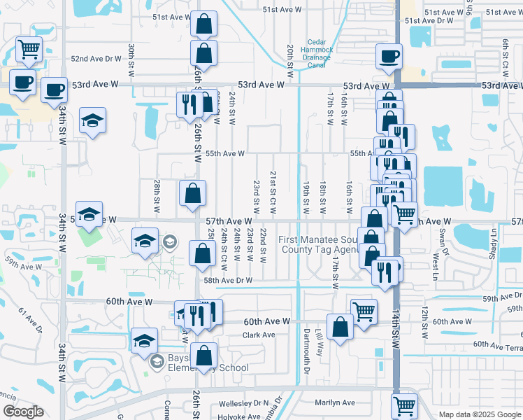 map of restaurants, bars, coffee shops, grocery stores, and more near 5627 23rd Street West in Bradenton