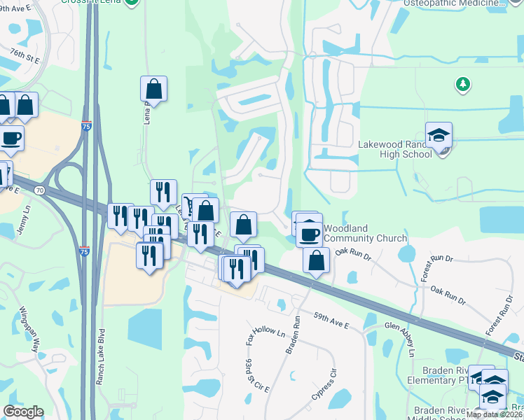 map of restaurants, bars, coffee shops, grocery stores, and more near 8719 54th Avenue East in Bradenton