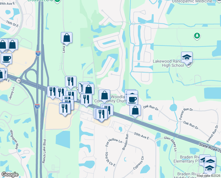 map of restaurants, bars, coffee shops, grocery stores, and more near 8719 54th Avenue East in Bradenton