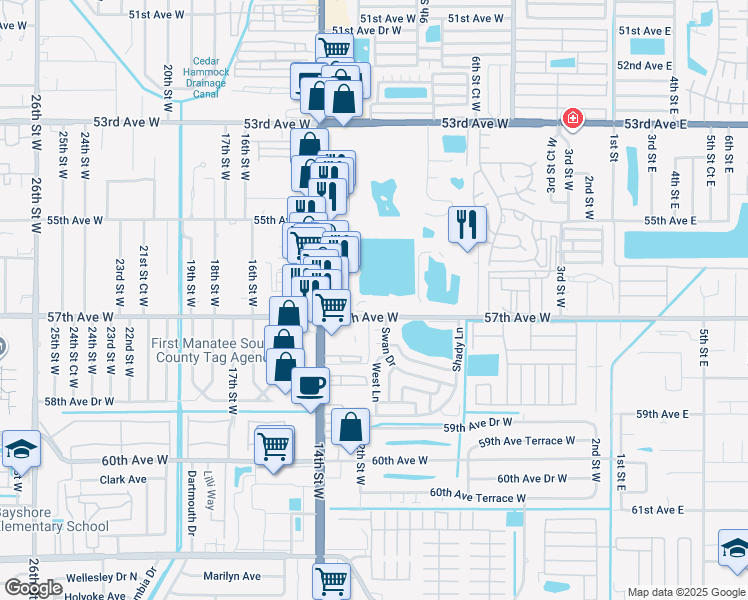 map of restaurants, bars, coffee shops, grocery stores, and more near 1115 57th Avenue West in Bradenton