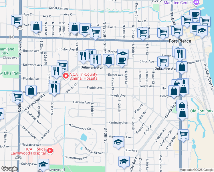 map of restaurants, bars, coffee shops, grocery stores, and more near 644 South 13th Street in Fort Pierce