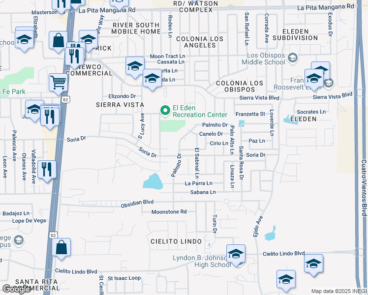 map of restaurants, bars, coffee shops, grocery stores, and more near 2506 Ciruelo Lane in Laredo