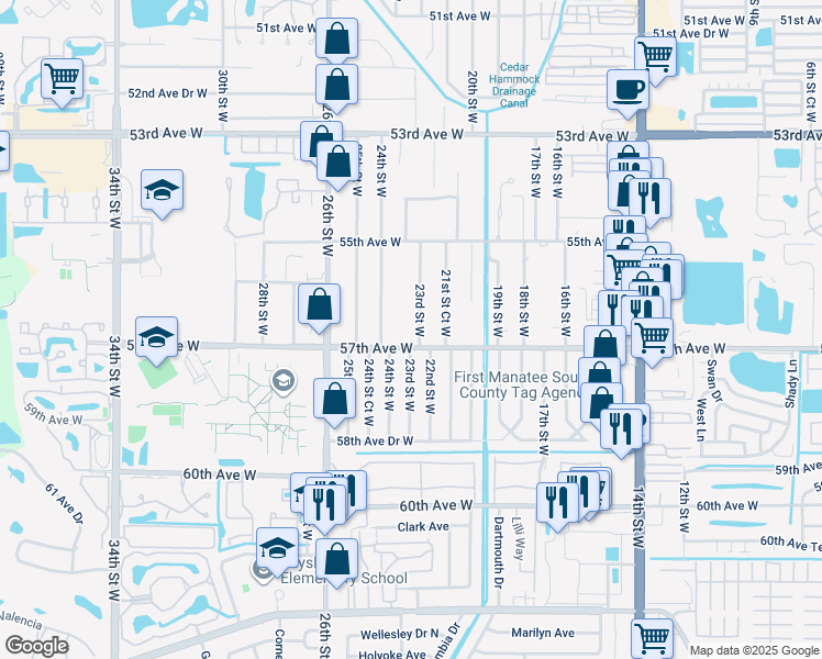 map of restaurants, bars, coffee shops, grocery stores, and more near 5627 23rd Street West in Bradenton