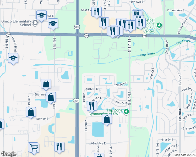map of restaurants, bars, coffee shops, grocery stores, and more near 5610 29th Street Circle East in Bradenton
