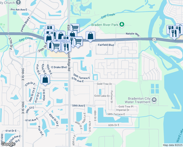 map of restaurants, bars, coffee shops, grocery stores, and more near 5603 47th Court East in Bradenton