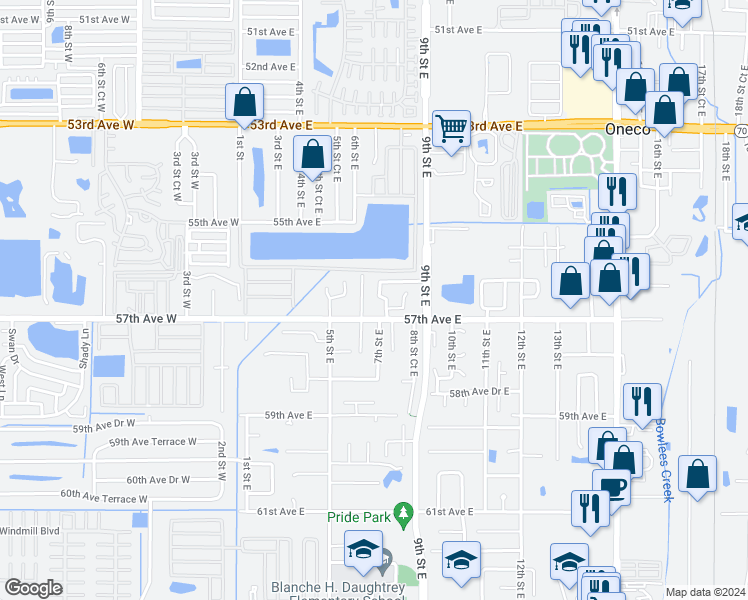map of restaurants, bars, coffee shops, grocery stores, and more near 5618 7th Street Court East in Bradenton