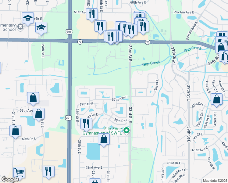 map of restaurants, bars, coffee shops, grocery stores, and more near 5648 29th Street Circle East in Bradenton