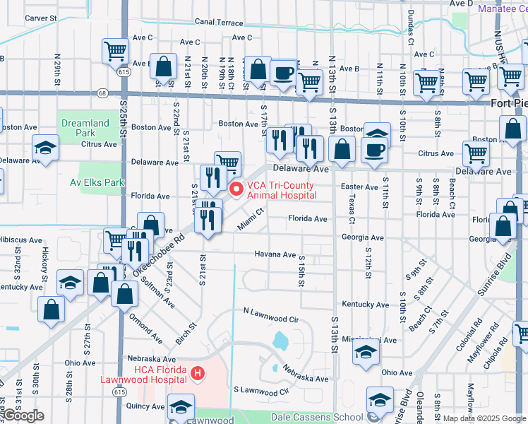 map of restaurants, bars, coffee shops, grocery stores, and more near 621 South 17th Street in Fort Pierce