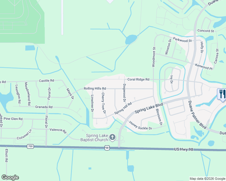 map of restaurants, bars, coffee shops, grocery stores, and more near 7624 Honey Suckle Drive in Sebring