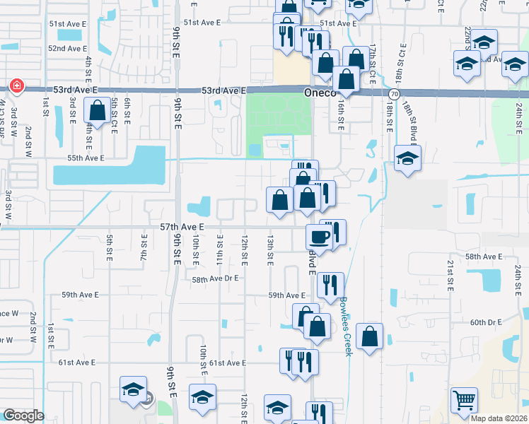 map of restaurants, bars, coffee shops, grocery stores, and more near 1223 57th Avenue East in Bradenton