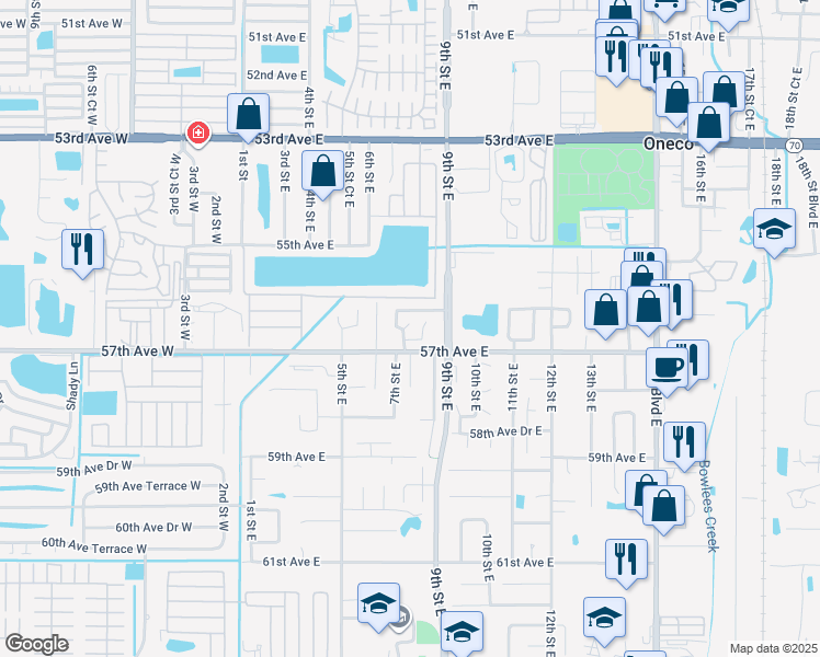 map of restaurants, bars, coffee shops, grocery stores, and more near 5618 7th Street Court East in Bradenton