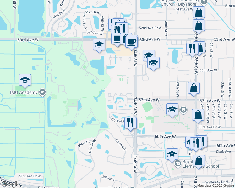 map of restaurants, bars, coffee shops, grocery stores, and more near 3641 57th Avenue Drive West in Bradenton