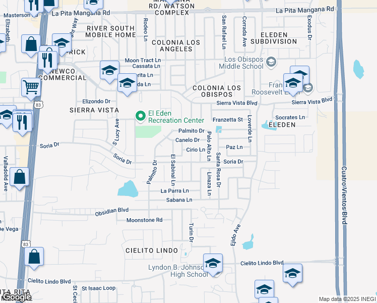 map of restaurants, bars, coffee shops, grocery stores, and more near 5003 Cocoa Lane in Laredo