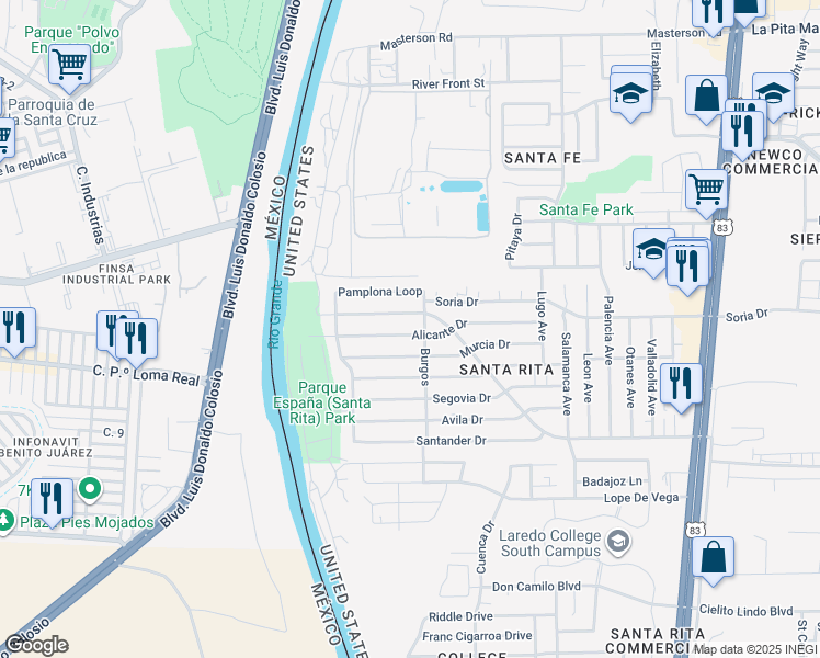 map of restaurants, bars, coffee shops, grocery stores, and more near 140 Alicante Drive in Laredo