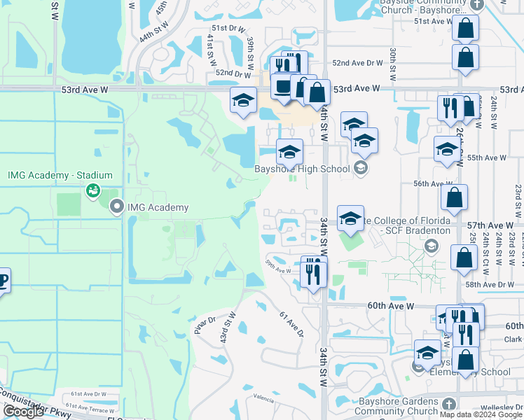 map of restaurants, bars, coffee shops, grocery stores, and more near 3635 57th Avenue Drive West in Bradenton