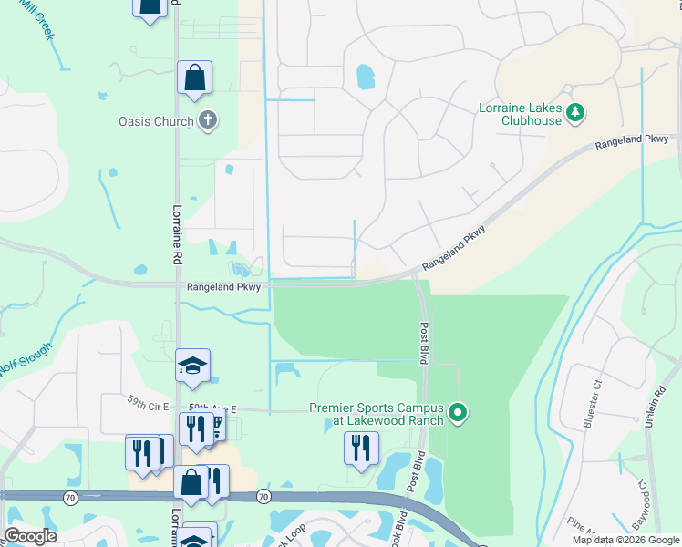 map of restaurants, bars, coffee shops, grocery stores, and more near 15210 East State Road 70 in Bradenton