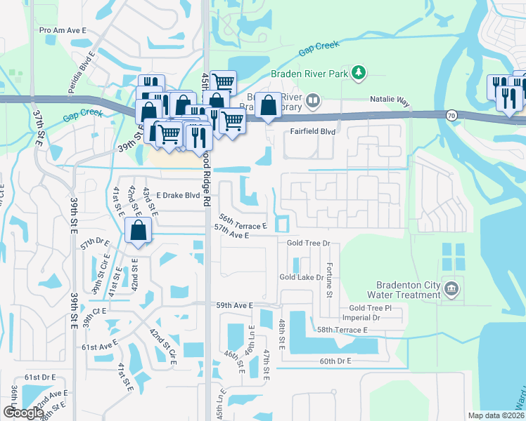 map of restaurants, bars, coffee shops, grocery stores, and more near 5603 47th Court East in Bradenton