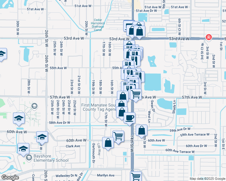 map of restaurants, bars, coffee shops, grocery stores, and more near 5613 16th Street West in Bradenton