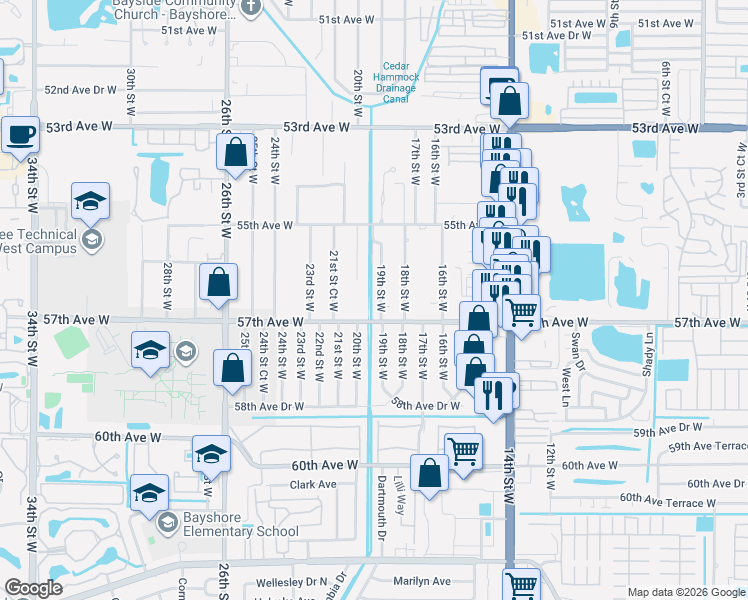 map of restaurants, bars, coffee shops, grocery stores, and more near 5622a 19th Street West in Bradenton