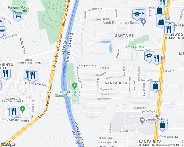 map of restaurants, bars, coffee shops, grocery stores, and more near 134 Alicante Drive in Laredo