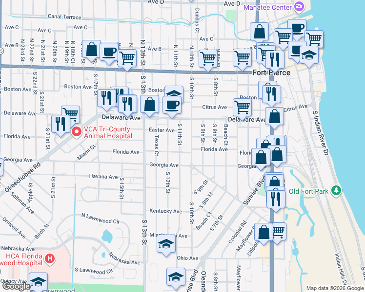 map of restaurants, bars, coffee shops, grocery stores, and more near 622 South 11th Street in Fort Pierce