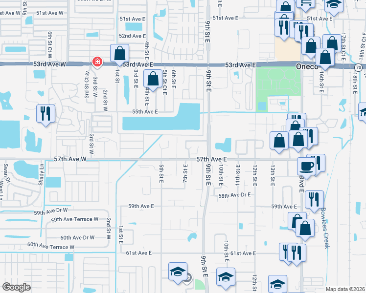 map of restaurants, bars, coffee shops, grocery stores, and more near 5618 7th Street Court East in Bradenton