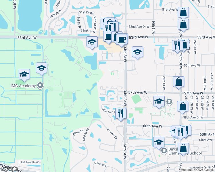 map of restaurants, bars, coffee shops, grocery stores, and more near 3641 57th Avenue Drive West in Bradenton