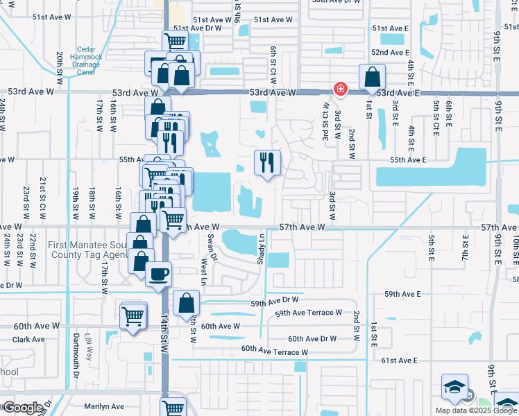 map of restaurants, bars, coffee shops, grocery stores, and more near 5620 Fountain Lake Circle in Bradenton