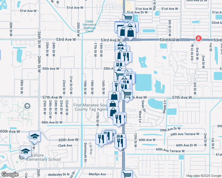 map of restaurants, bars, coffee shops, grocery stores, and more near 14C Blackfoot Drive in Bradenton