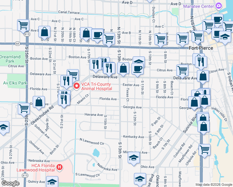 map of restaurants, bars, coffee shops, grocery stores, and more near 644 South 13th Street in Fort Pierce