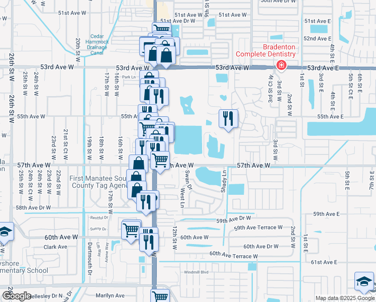 map of restaurants, bars, coffee shops, grocery stores, and more near 1031 57th Avenue West in Bradenton