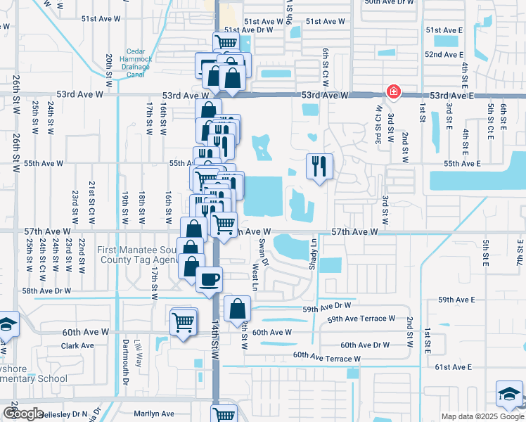 map of restaurants, bars, coffee shops, grocery stores, and more near 1031 57th Avenue West in Bradenton