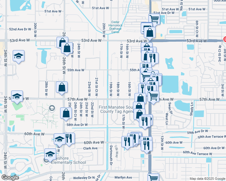 map of restaurants, bars, coffee shops, grocery stores, and more near 5622a 19th Street West in Bradenton