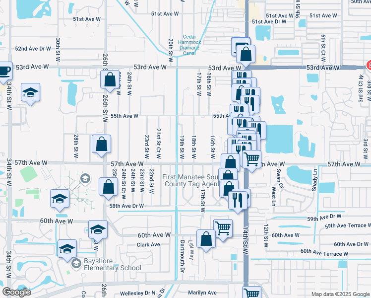 map of restaurants, bars, coffee shops, grocery stores, and more near 5622a 19th Street West in Bradenton
