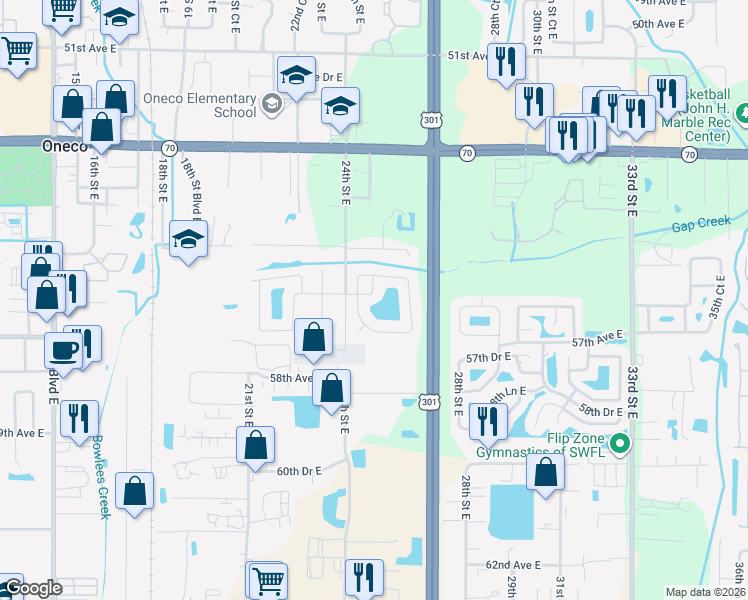 map of restaurants, bars, coffee shops, grocery stores, and more near 5675 25th Street Circle East in Bradenton