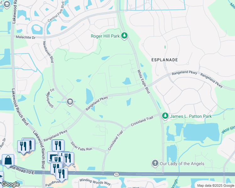 map of restaurants, bars, coffee shops, grocery stores, and more near Rangeland Parkway in Bradenton