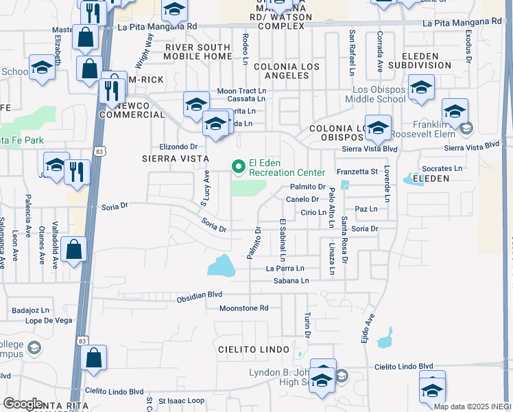 map of restaurants, bars, coffee shops, grocery stores, and more near 2506 Ciruelo Lane in Laredo