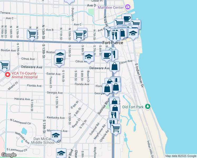 map of restaurants, bars, coffee shops, grocery stores, and more near 618 South 6th Street in Fort Pierce