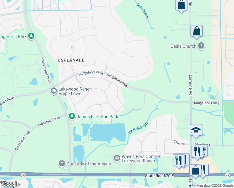 map of restaurants, bars, coffee shops, grocery stores, and more near Swiftwater Way in Bradenton